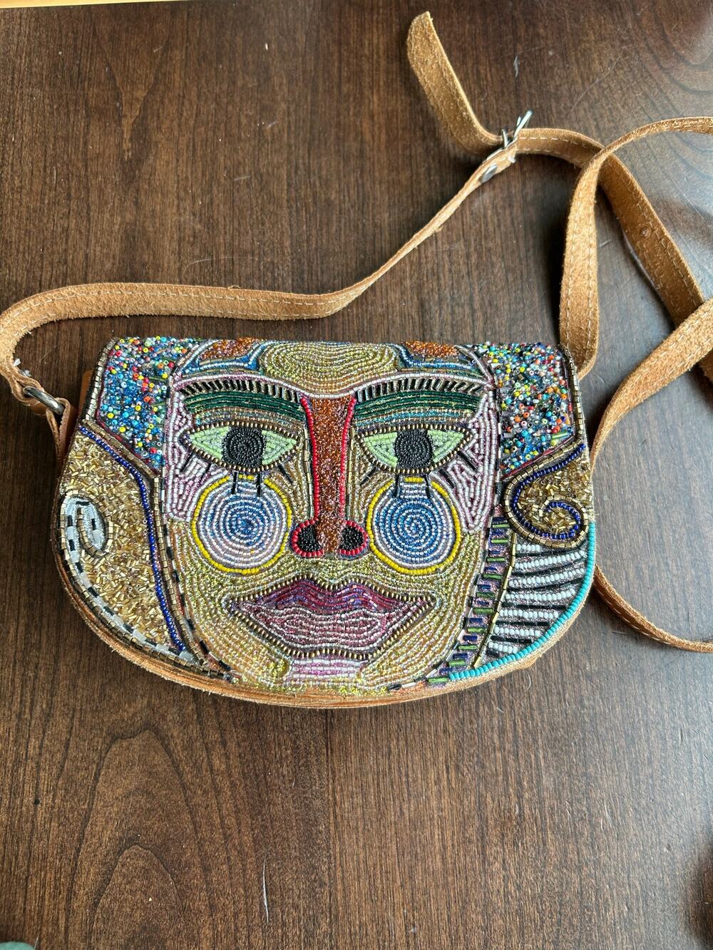 Vintage 70s handcrafted Greek leather shoulder bag maximalist face beadwork